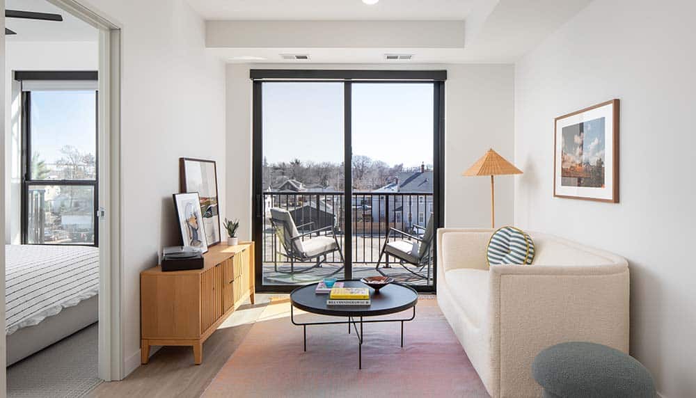 The Laker - Apartment view of living area and patio